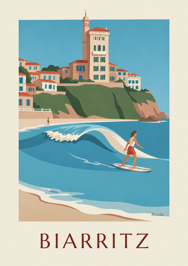 Affiche longboardeuse à la Côte des Basques de Biarritz