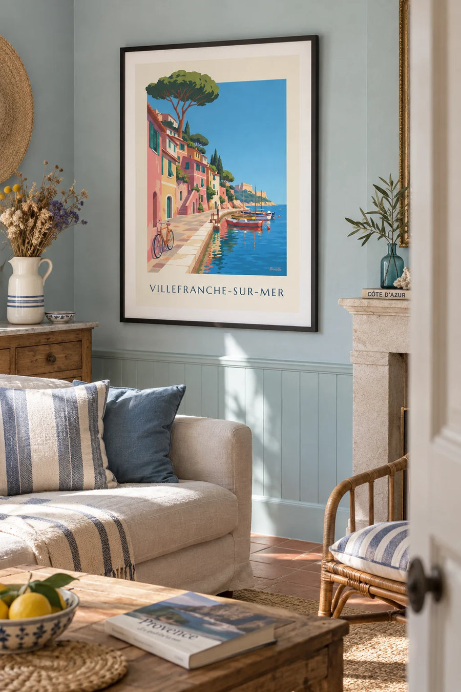 Poster of a bicycle on the harbor of Villefranche-sur-Mer: framed on the wall
