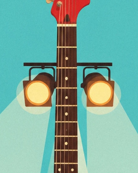 Le manche de la guitare rouge entre 2 projecteurs jaunes aux faisceaux lumineux