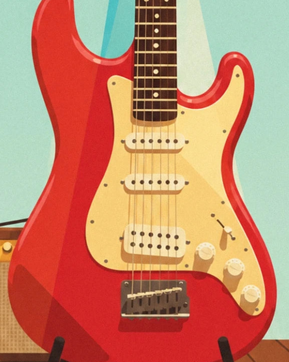 La guitare électrique rouge, ses micros crème et ses 3 boutons sur la scène du club