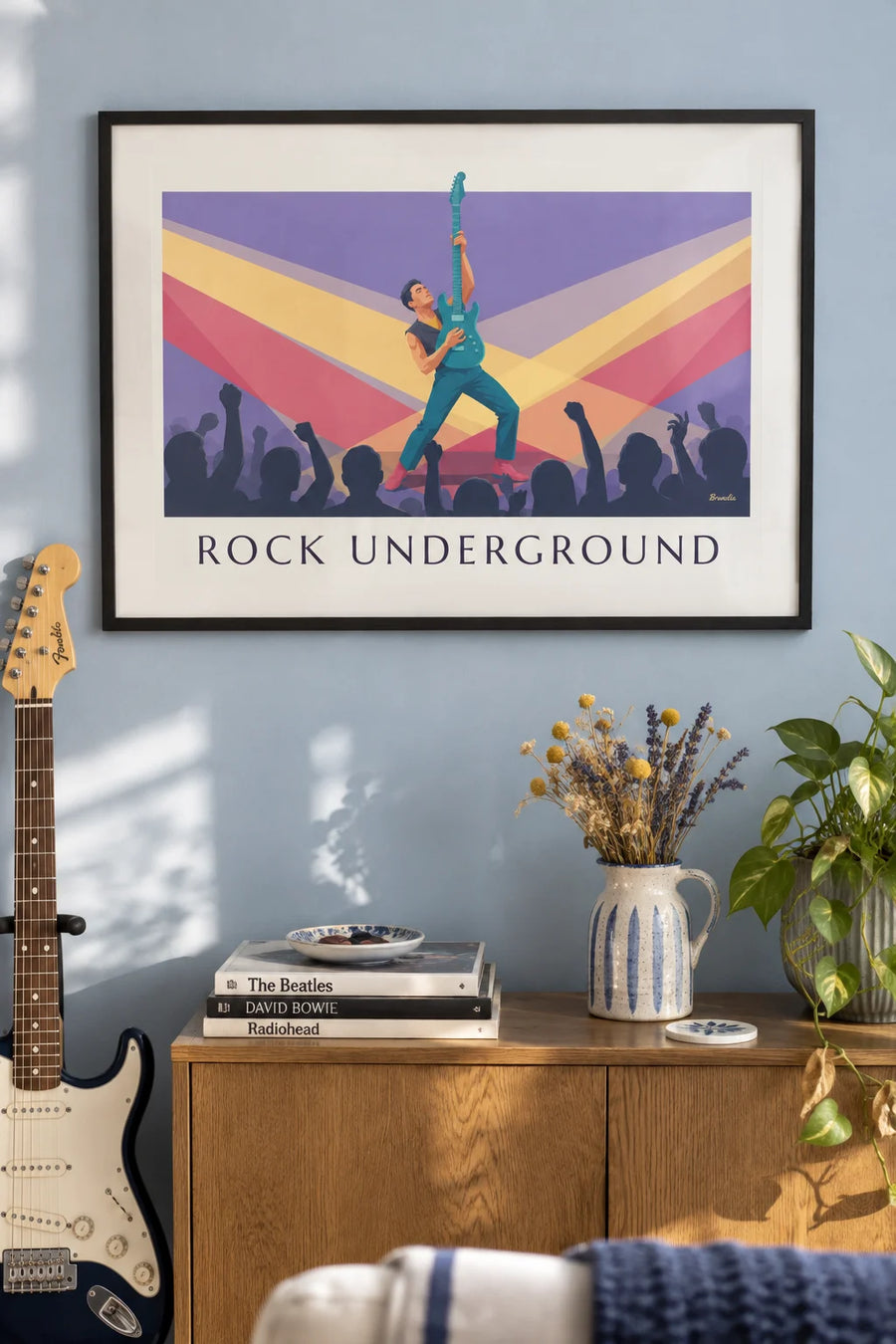 Affiche guitariste électrique dans un club rock enfumé : encadrée au mur