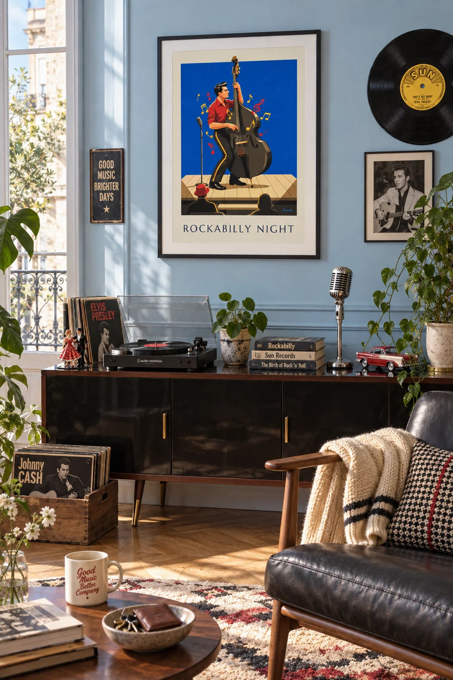 Poster of a rockabilly night and a musician with a double bass: framed on the wall