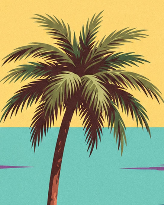 A palm tree with a leaning trunk and long green fronds in front of the turquoise sea