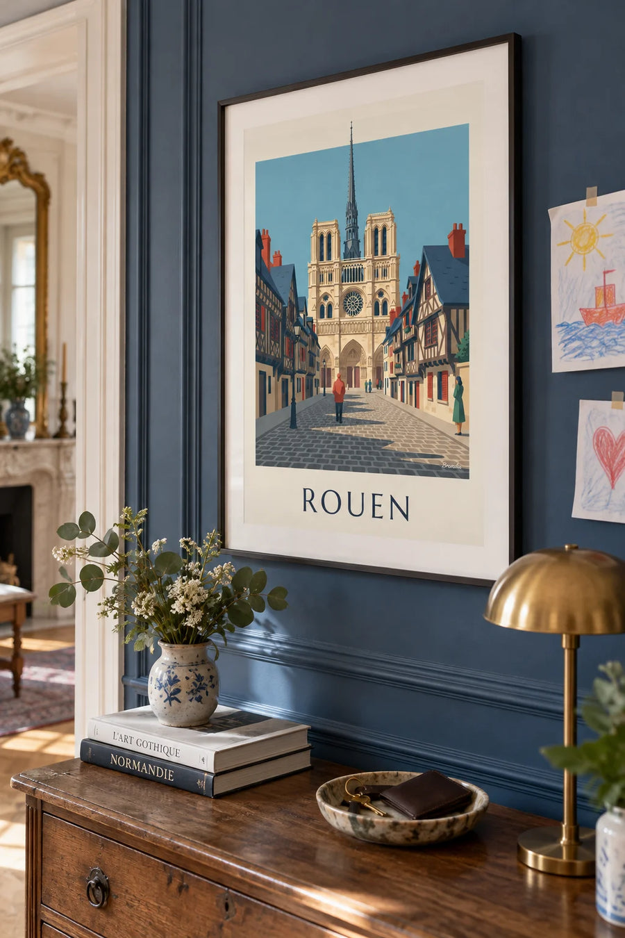 Poster of Rouen’s Notre-Dame Cathedral and half-timbered houses: framed on the wall