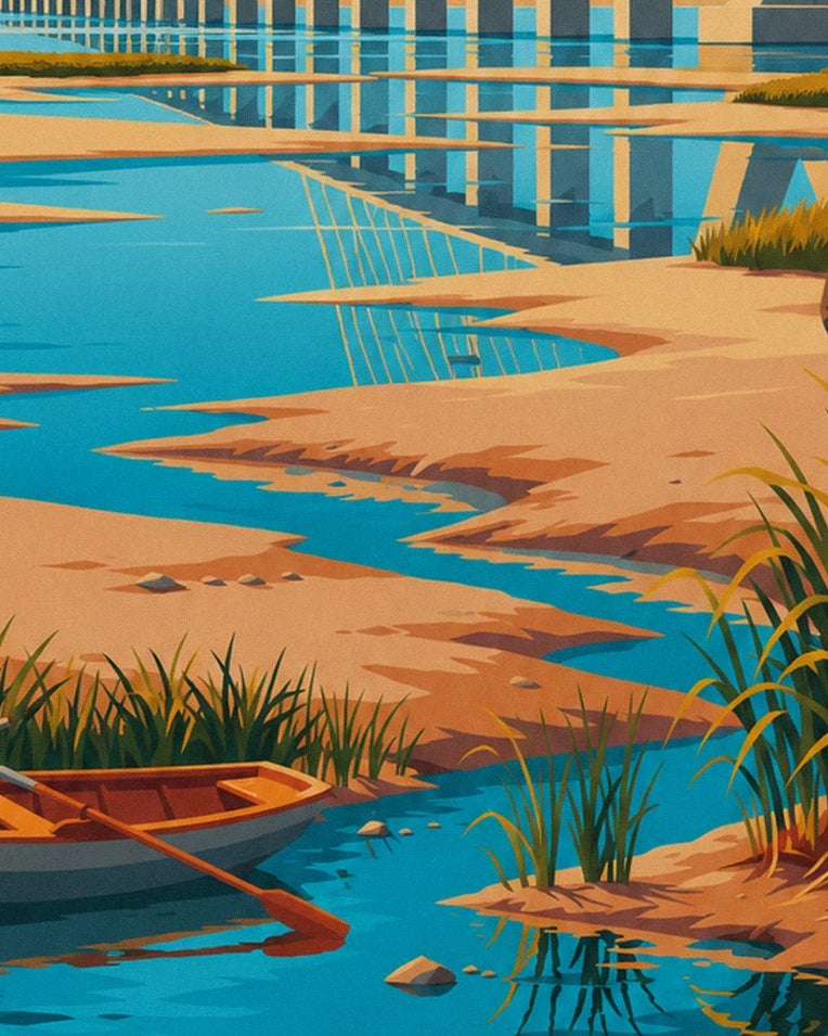 Saint-Nazaire bridge and rowboat on the estuary poster: close-up detail