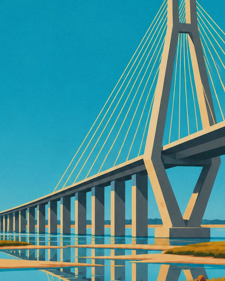 Saint-Nazaire bridge and rowboat on the estuary poster: close-up detail