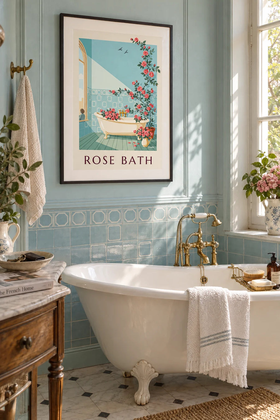 Affiche baignoire sur pieds et bouquets de roses : encadrée au mur