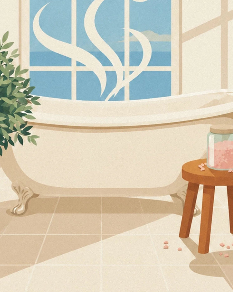 La baignoire à pieds sculptés et le tabouret en bois portant un bocal de sels roses