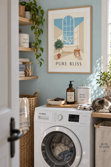 Poster of a bathtub, bath salts and rose petals: framed on the wall