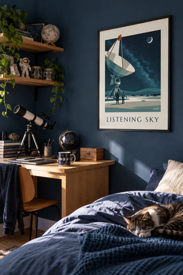 Plakat med radioteleskop rettet mod en stjerneklar himmel i ørkenen: indrammet på væggen
