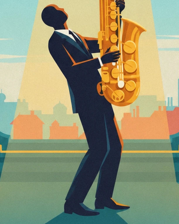 The saxophonist in a dark suit and his golden instrument under the yellow light