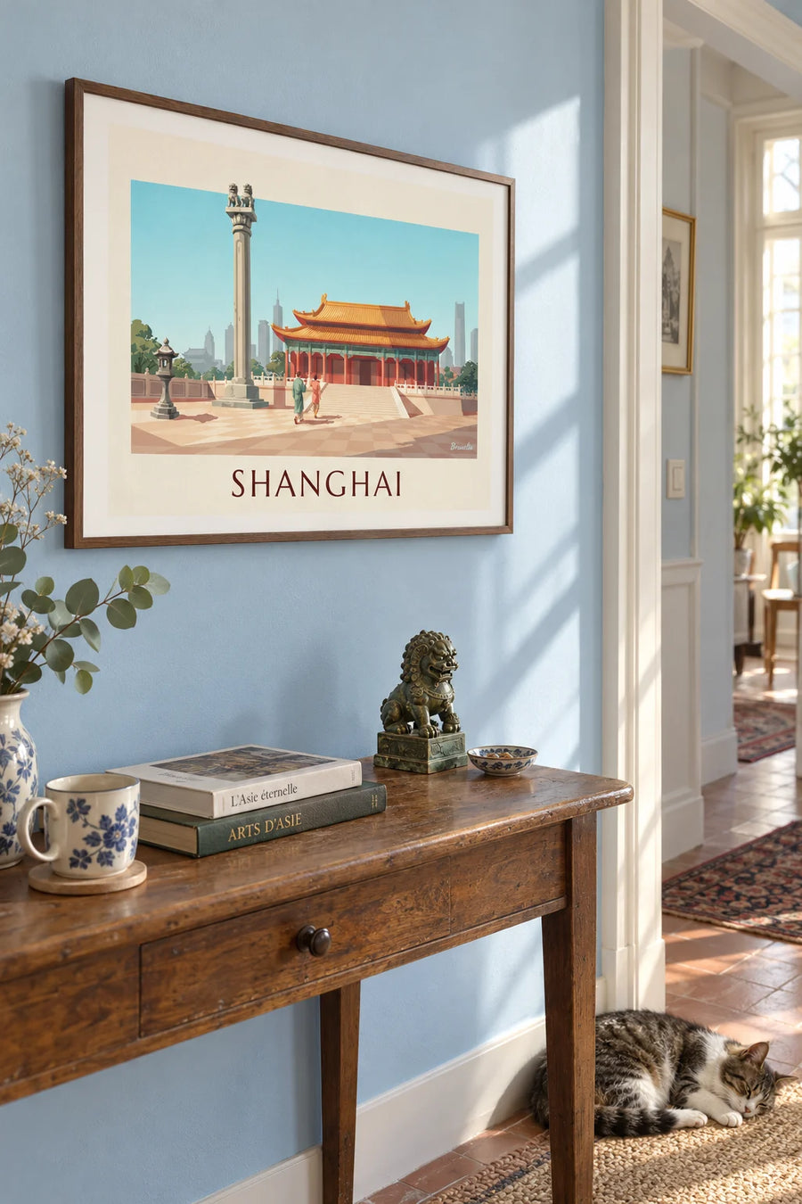Jing’an Temple poster with its golden pavilions in Shanghai: framed on the wall