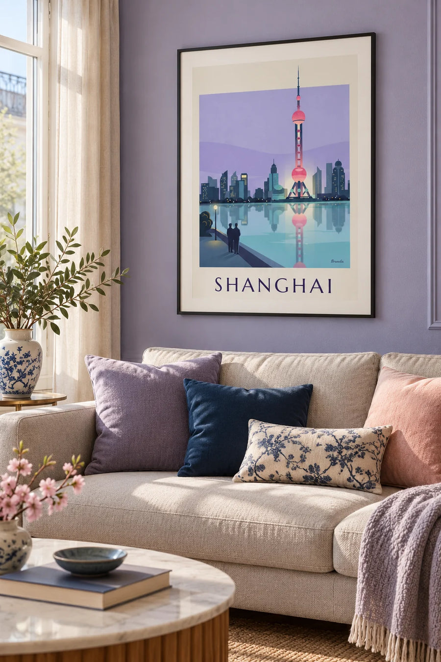 Affiche tour de la Perle de l'Orient à Shanghai la nuit : encadrée au mur