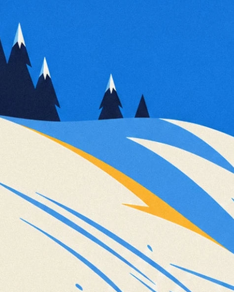 La pente enneigée striée de bleu et de jaune, bordée de sapins sous le ciel bleu