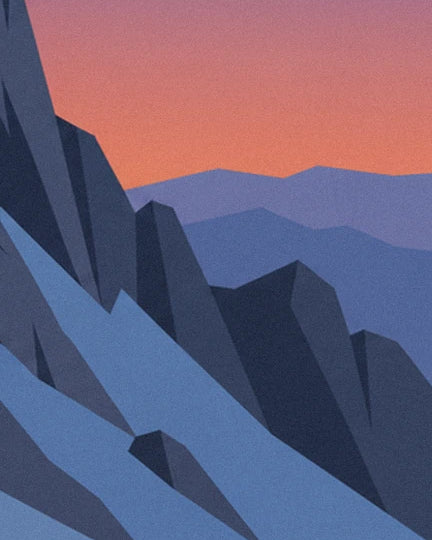 Dark rock faces and blue-tinted snow, with purple mountains in the distance