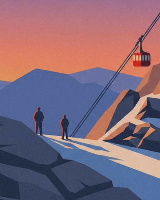 The 2 figures on the snowy ridge, facing the blue mountains and red cable car