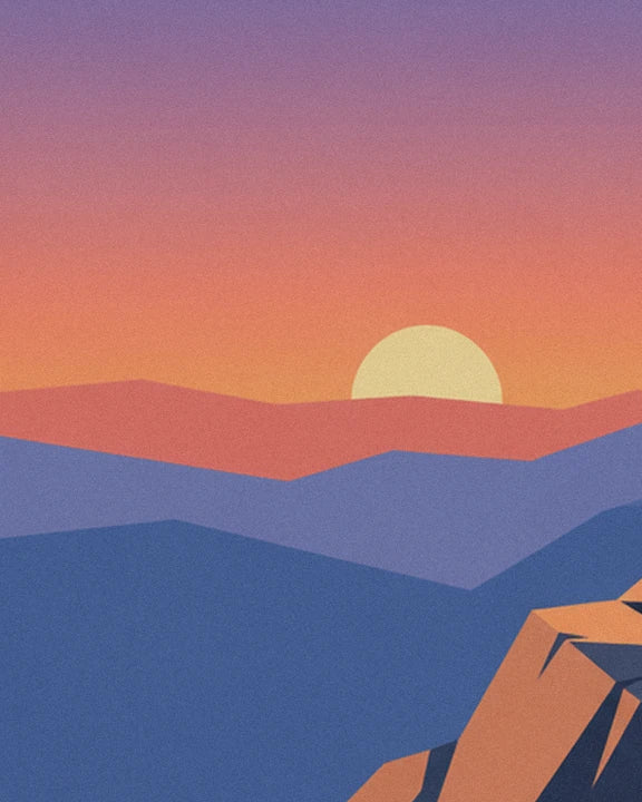 The pale yellow sun setting behind pink, purple and blue ridges