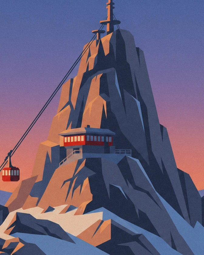 The rocky summit and its mountain hut with red windows, alongside the cable car