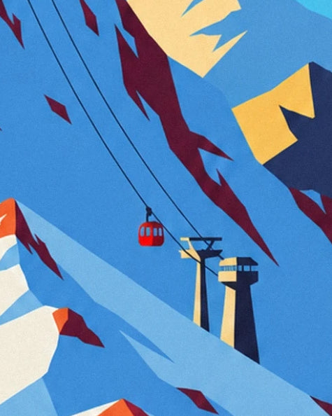 The red cable car and its pylons on the blue-tinged slopes