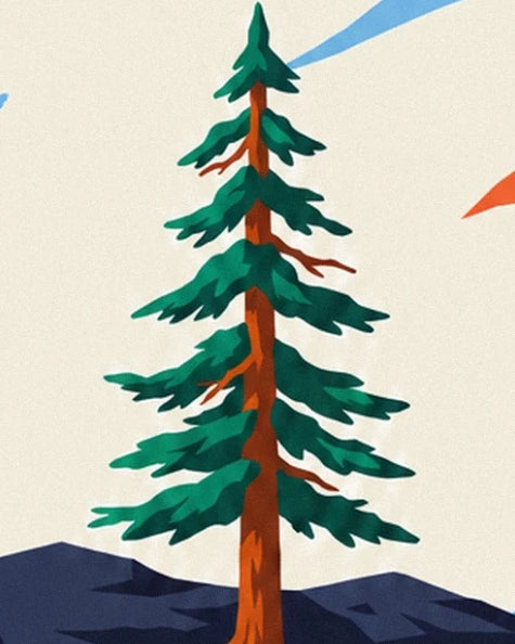 The fir tree with green branches and an orange trunk on the snowy slope