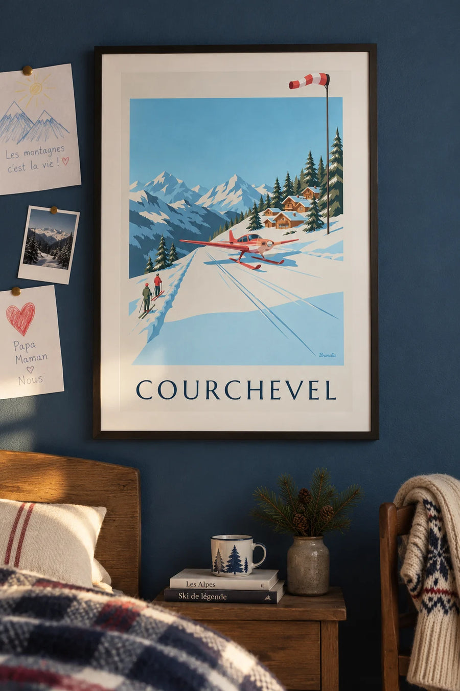 Poster of the Courchevel altiport and a little red plane on the snow: framed on the wall