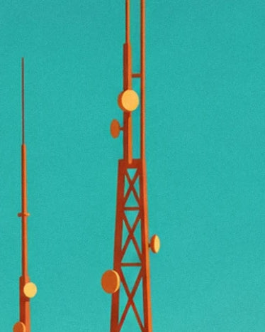 Des pylônes orange munis de petites paraboles jaunes sur un ciel turquoise
