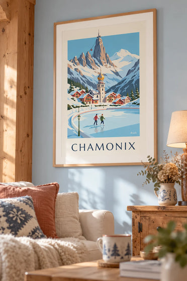 Plakat med skøjteløbere på skøjtebanen i Chamonix og Aiguille du Midi: indrammet på væggen