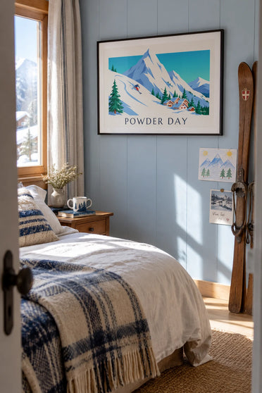 Affiche skieur dans la poudreuse au-dessus des chalets enneigés : encadrée au mur