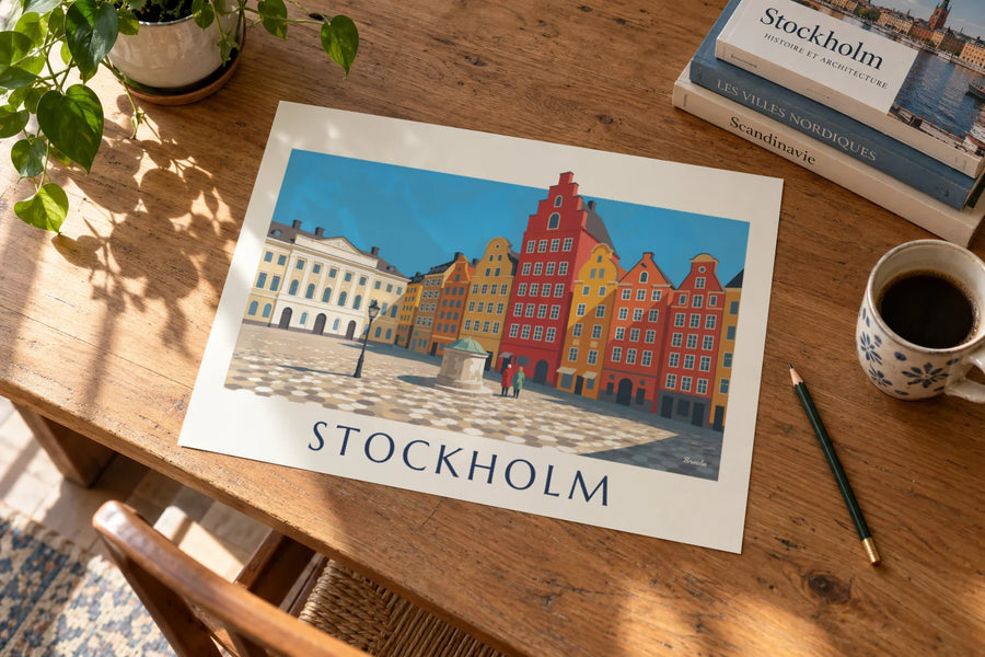 Affiche façades colorées de Stortorget dans Gamla stan à Stockholm : posée sur une table