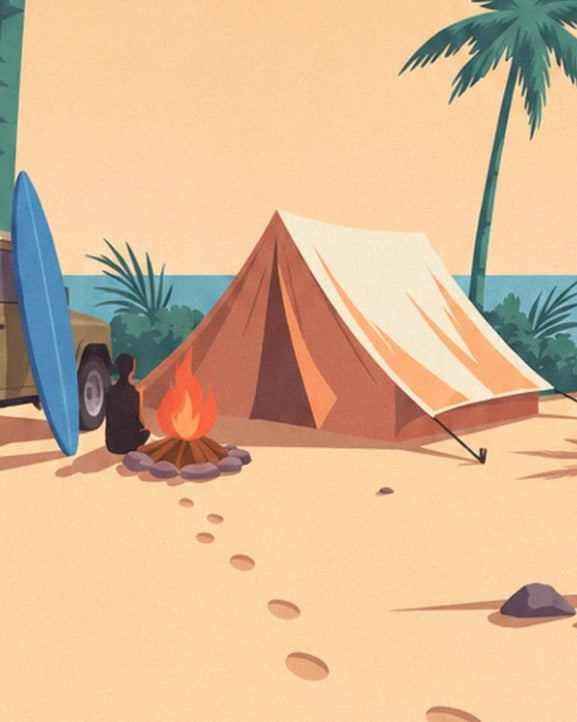 The orange tent near the campfire with a surfboard and tracks in the sand