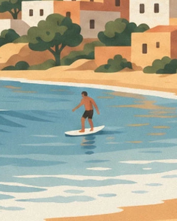 A surfer on a white board facing the ochre houses and trees along the shore
