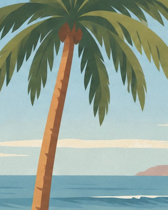 A palm tree with an ochre trunk and long green fronds in front of the blue ocean