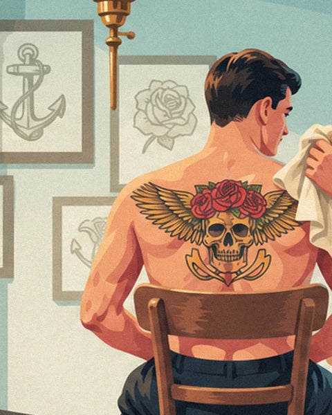 The skull with golden wings and red roses tattooed on the client's back