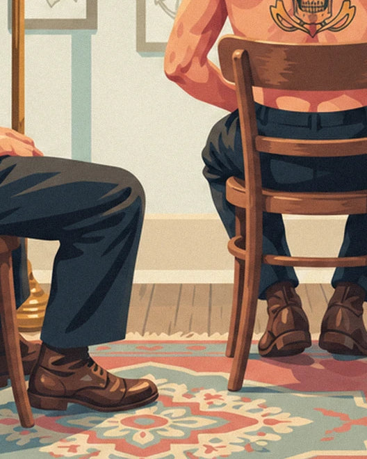 The 2 clients sitting on wooden chairs, with brown boots and a pink and blue floral rug