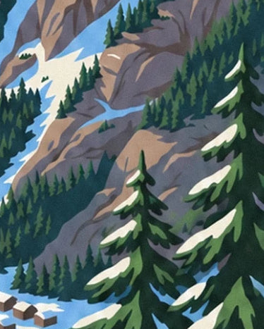 Les grands sapins aux branches chargées de neige devant les parois rocheuses