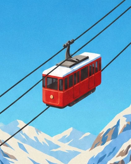 La cabine rouge au toit blanc suspendue aux câbles au-dessus des sommets enneigés