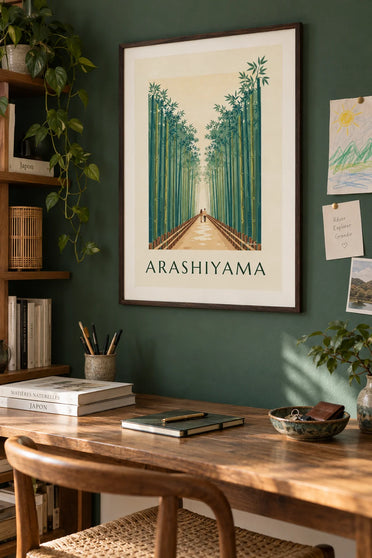 Plakat med stien gennem bambusskoven i Arashiyama i Kyoto: indrammet på væggen