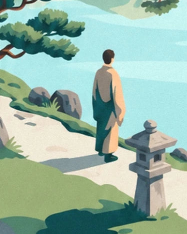 A figure dressed in beige beside a stone lantern at the water’s edge