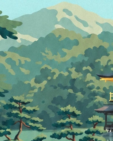 The pines with tiered branches in front of the green hills of Kinkaku-ji