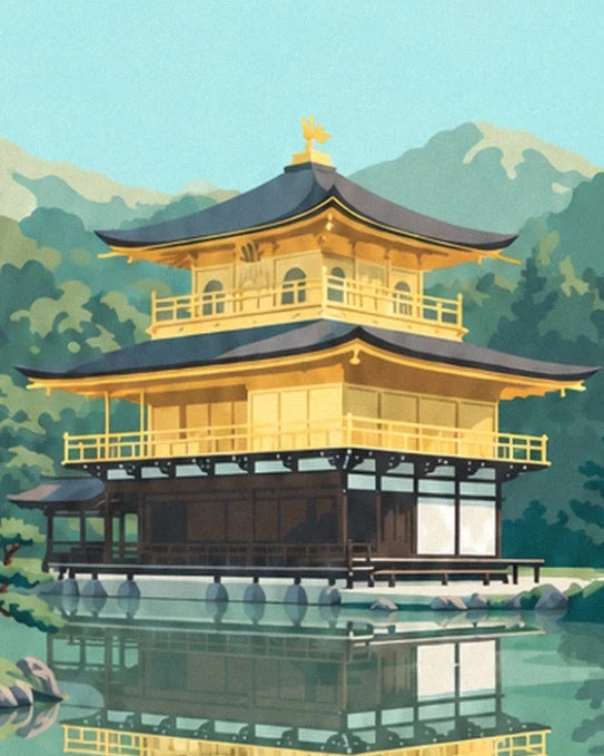 The golden pavilion of Kyoto, its dark roofs and its reflection in the pond