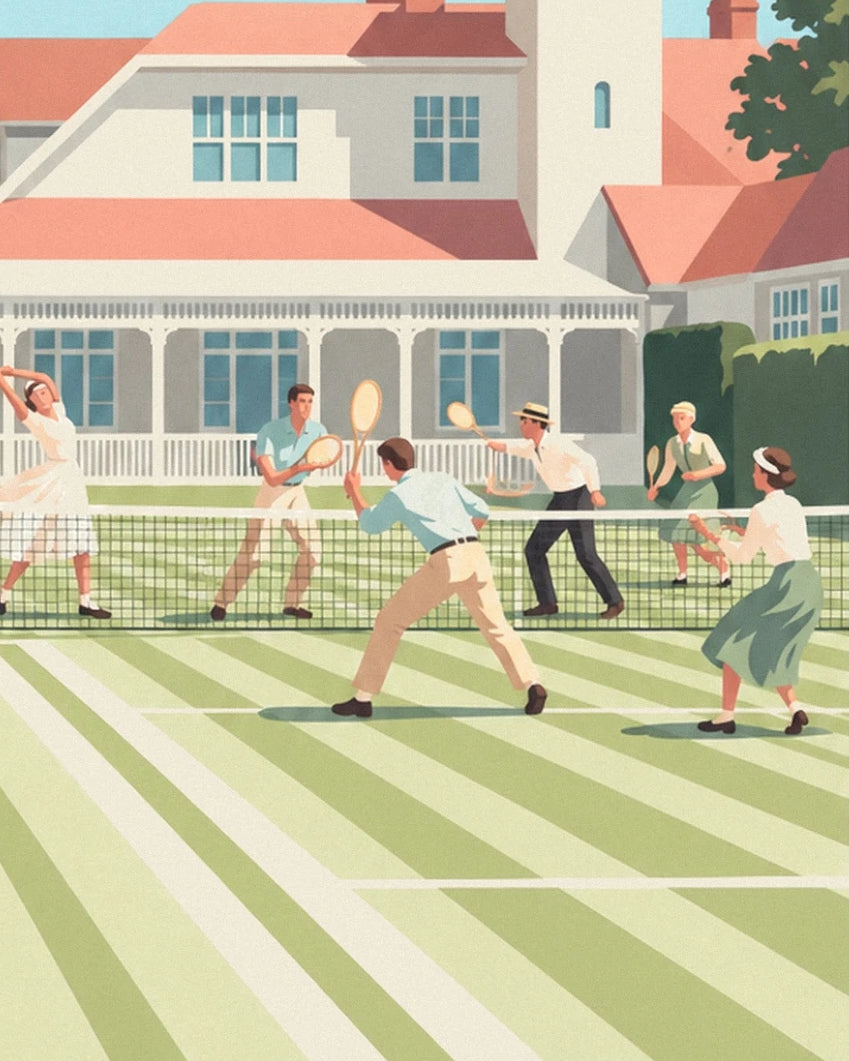 Tennis players around the net, in front of the clubhouse with orange roofs