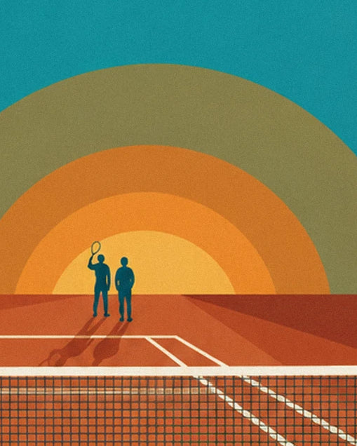 The 2 players on the court behind the net, beneath large colourful arches