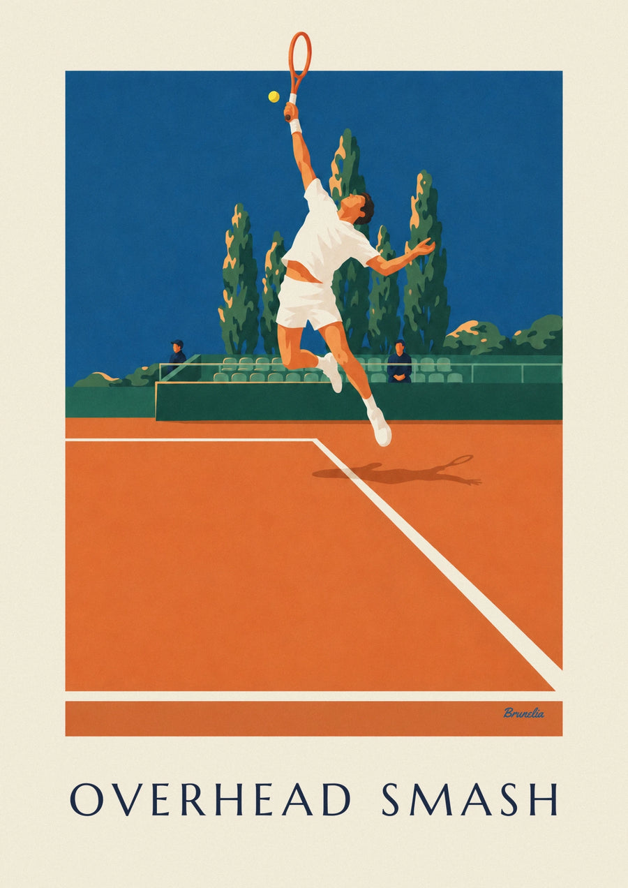 Tennis player smashing on a clay court poster