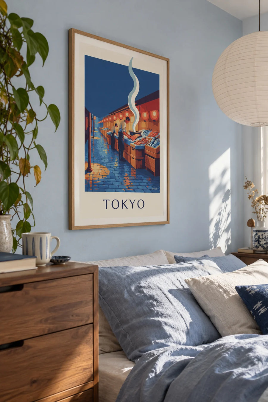 Poster of the Tokyo fish market under lanterns: framed on the wall