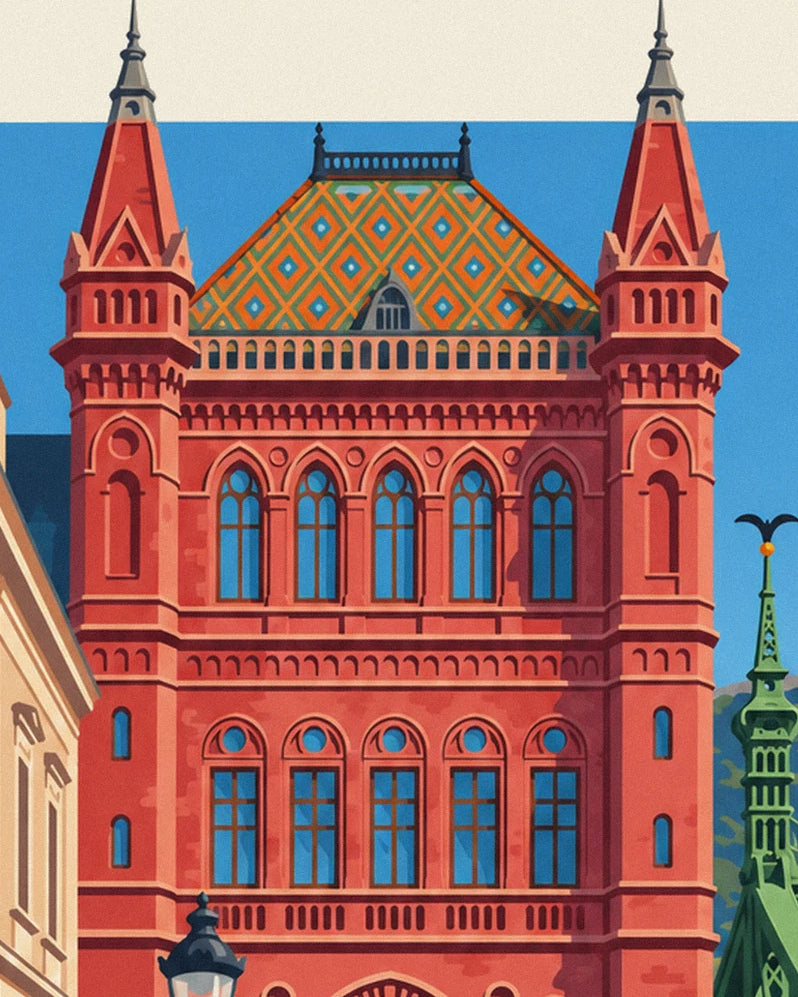 The red façade with tall windows and a roof patterned with orange and green diamonds