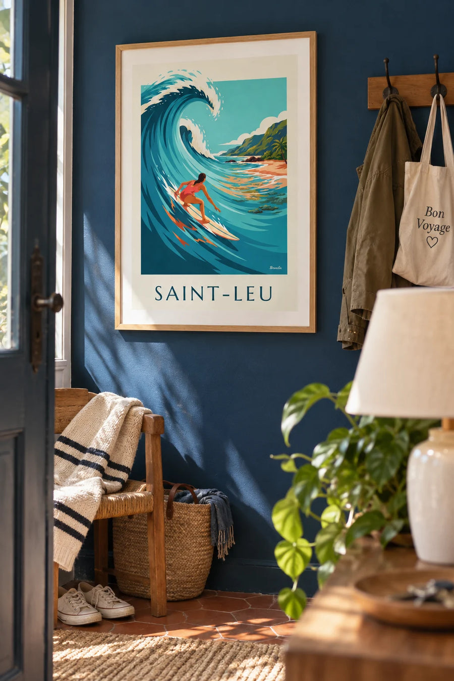 Surfer at the Saint-Leu reef in Réunion Island poster: framed on the wall