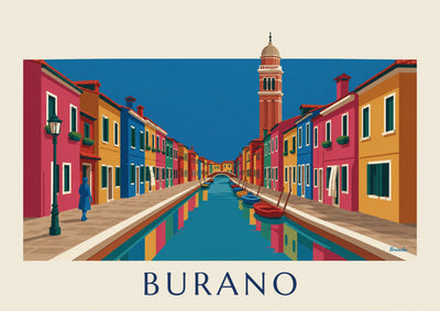 Plakat med kanal og farverige huse i Burano og det skæve campanile: hele plakaten