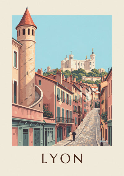 Plakat med renæssancefacader i Vieux Lyon og Fourvière: hele plakaten