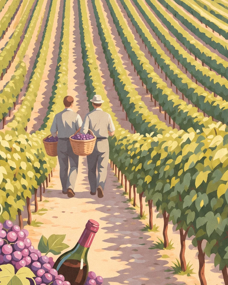 Saint-Émilion grape harvest, grape crate and golden vines poster: close-up detail