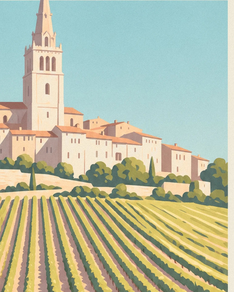 Saint-Émilion grape harvest, grape crate and golden vines poster: close-up detail